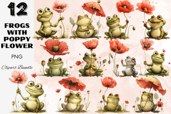 Download Frogs with Poppy Flower Clipart Bundle - Poppy flower Collection