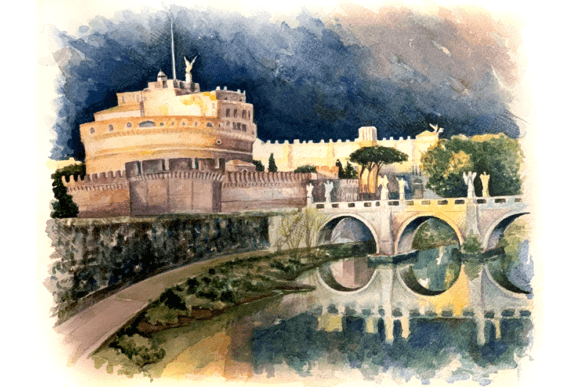 Download Watercolor Painting of Castel in Rome - Paint Collection