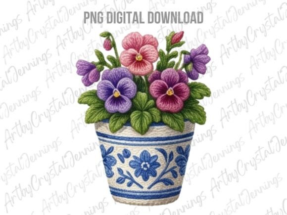 Download Pansy Flowers in Blue Floral Pot PNG - Pansy Collection