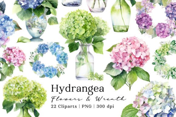 Download Hydrangea Flowers and Wreath Watercolor - Hydrangea flowers Collection