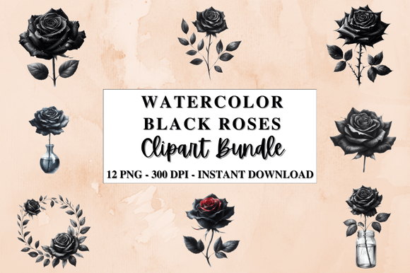 Download Watercolor Black Roses Clipart Bundle - Roses Collection