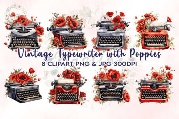 Download Vintage Typewriter with Poppies Clipart - Poppies clipart Collection