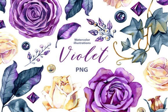 Download Watercolor Violet Roses and Gems Clipart - Roses Collection